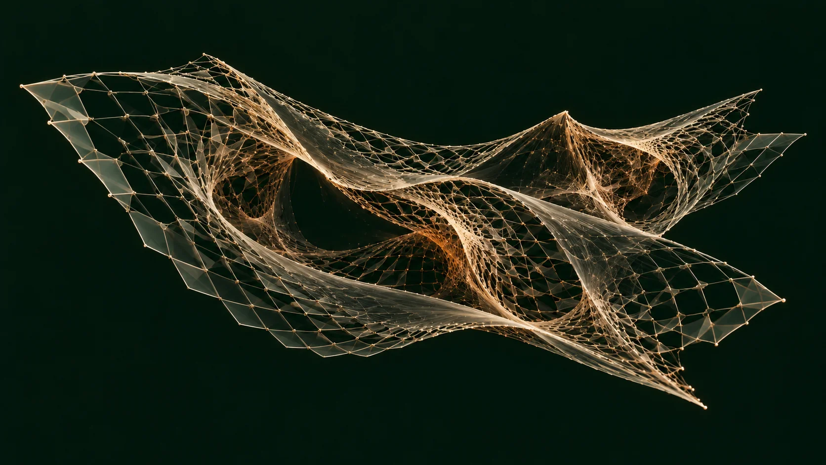 Interleaved woven chambers connected within one amber structure.