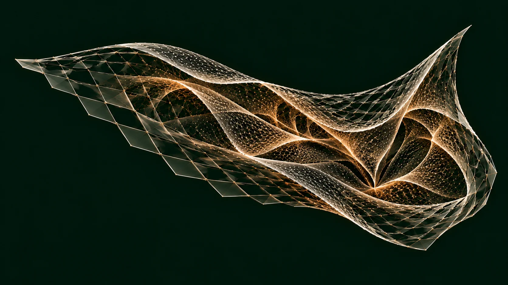 A continuous amber weave with interlocking chambers and flowing, open edges.
