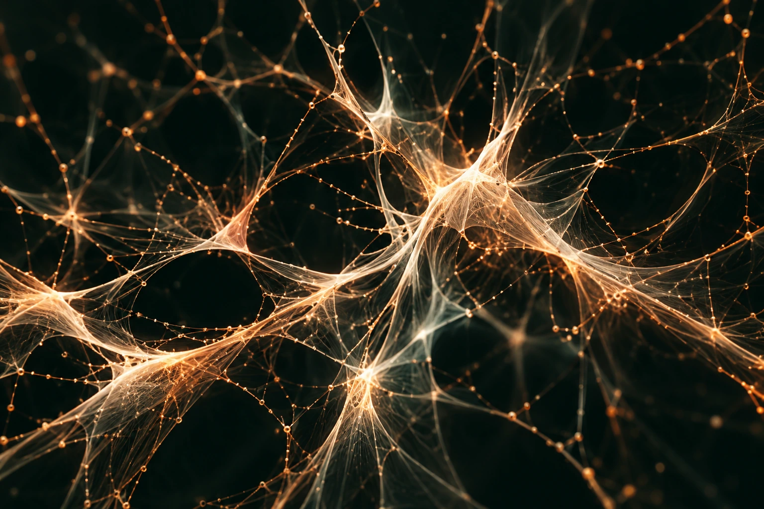 Conceptual neural field of branching amber filaments and luminous junctions.