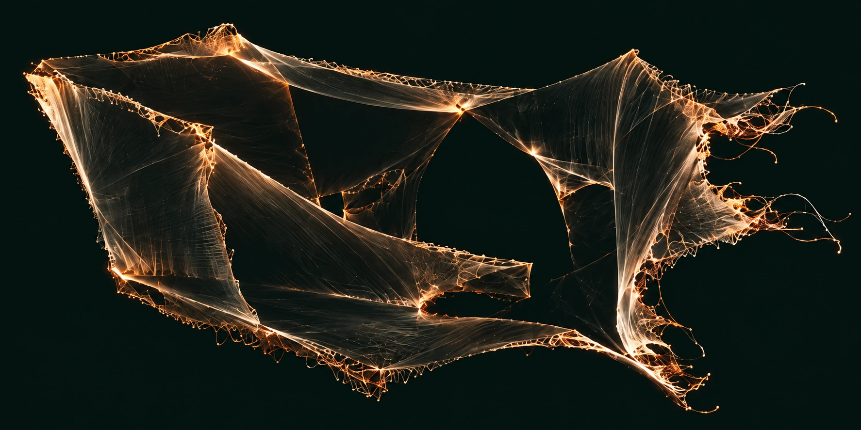 An open amber membrane woven from luminous threads, with asymmetrical folds and large dark spaces inside.
